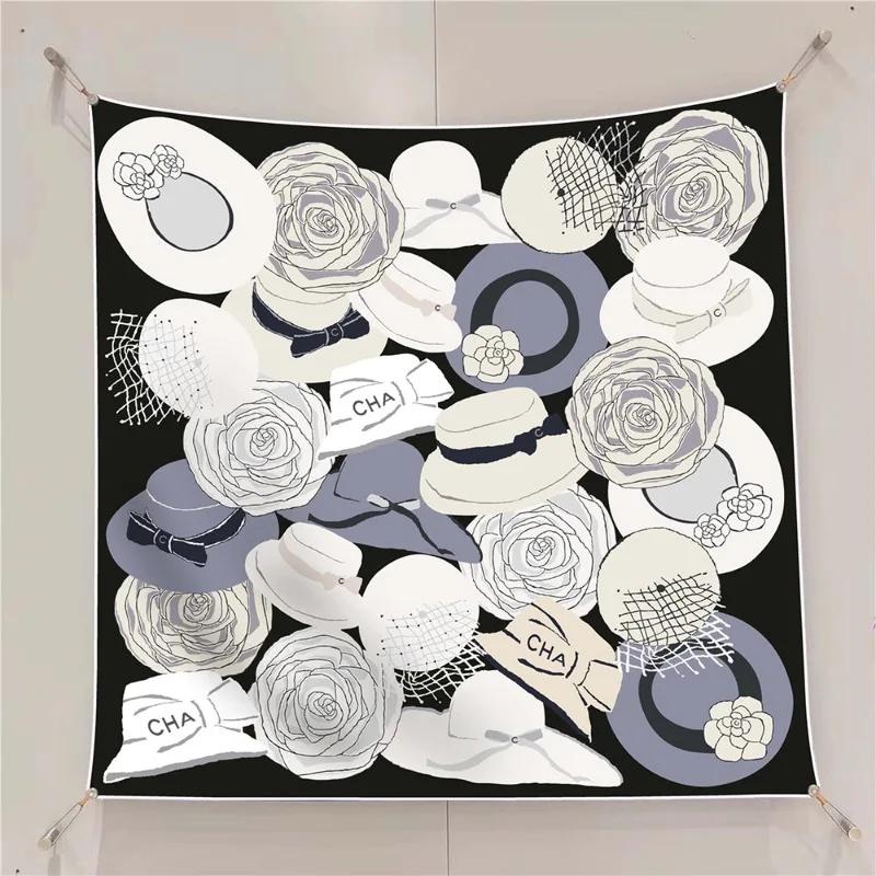 90Cm Autumn New Black And White Plain Rose Hat Twill Silk Women'S Sunscreen Shawl Large Square Scarf Headscarf