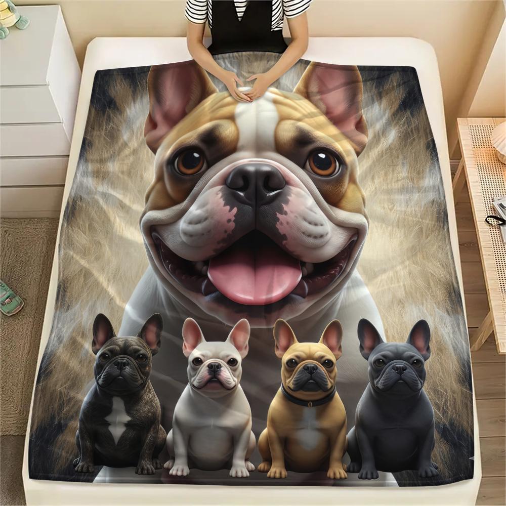 1Pc French Bulldog Print Flannel Blanket, High quality Comfortable for All Seasons, Home Decor, Warmth and Comfort, Perfect for Gifts