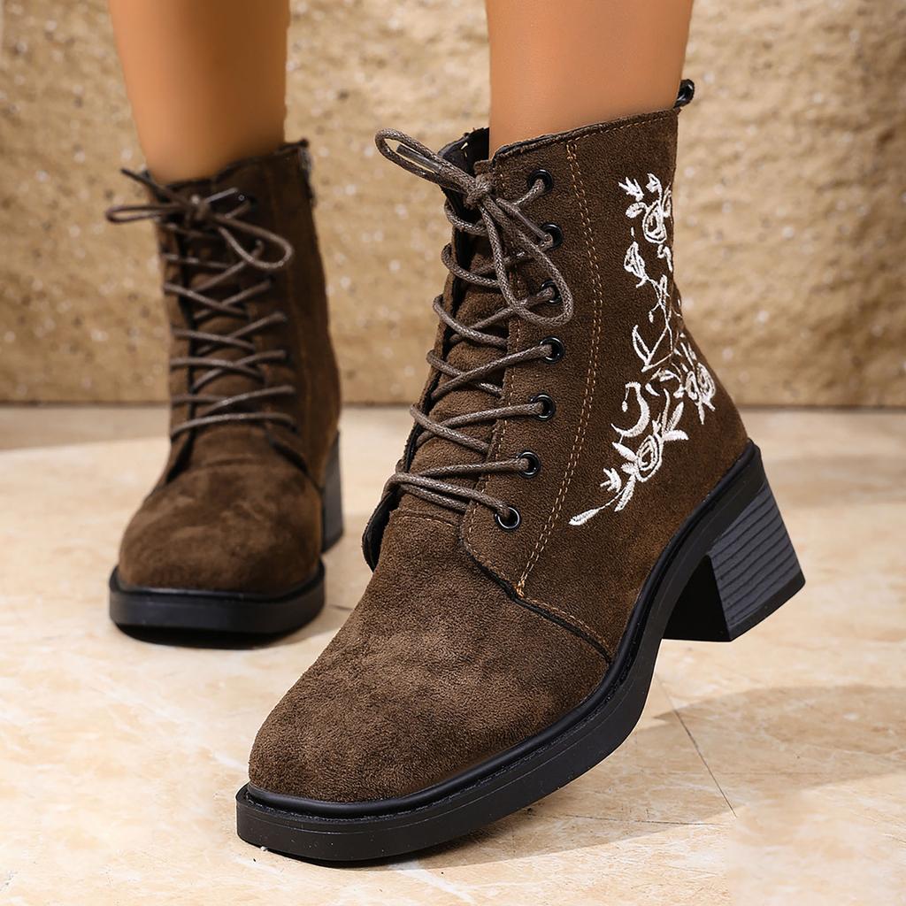 Women's Casual Fashion Flower Embroidery Temperament Commuting Thick Soled Side Zipper Ankle Heeled Boots for Women Booties