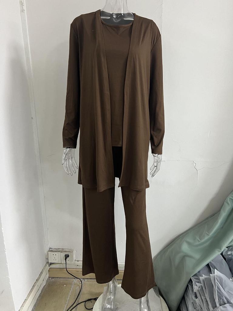 סט שלושה חלקים קז'ואלי אירופאי-אמריקאי לסתיו/חורף בצבע אחיד: מכנסיים ארוכים, קרדיגן שרוולים ארוכים ווסט לנשים