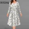 Autumn Women's Fashion Polka Dot Dress Casual Elegant Flower Print Plus Size Long Sleeve Loose Clothing Female Party Dresses