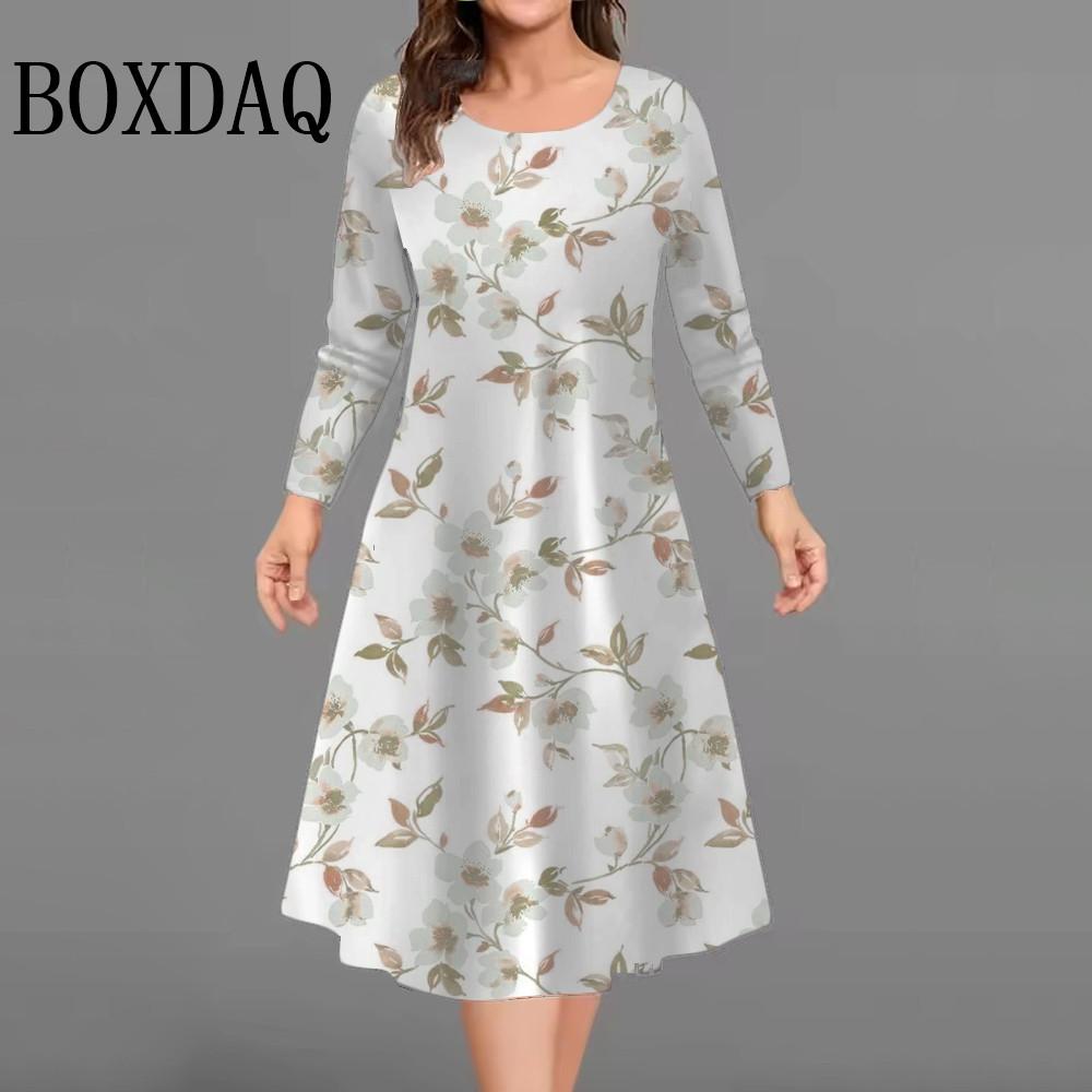 Autumn Women's Fashion Polka Dot Dress Casual Elegant Flower Print Plus Size Long Sleeve Loose Clothing Female Party Dresses