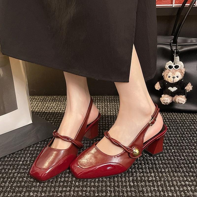 Women Pu Leather Thick Heeled Sandals Female Summer Elegant Square Toe Ladies Luxury Thick Heeled Outdoor Party Sandalias Mujer