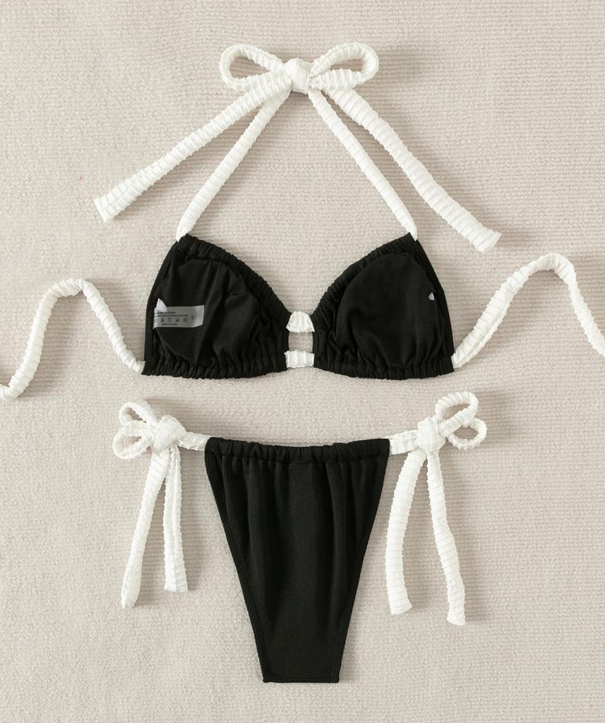 Dámské plavky jednobarevné halterneck odhalená záda na zavazování rozparkové plavky bikiny plážové oblečení koupací plavky