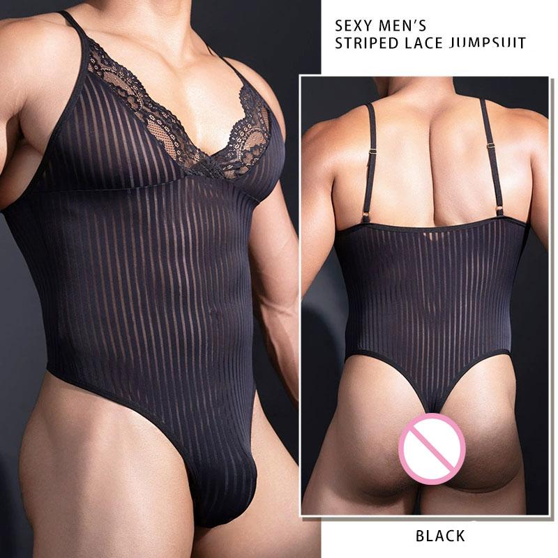 Buckle Open Crotch Sexy Stripe Men'S Bodysuit Tops Vest Deep V Lace Neck Elastic Shaping Tights Transparent Nightclub Leotard