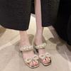 Fashion Summer Square Slippers Women Fashion Square Head Open Toe Pearl Butterfly Knot Anti-slip Wear-resistant High Heels