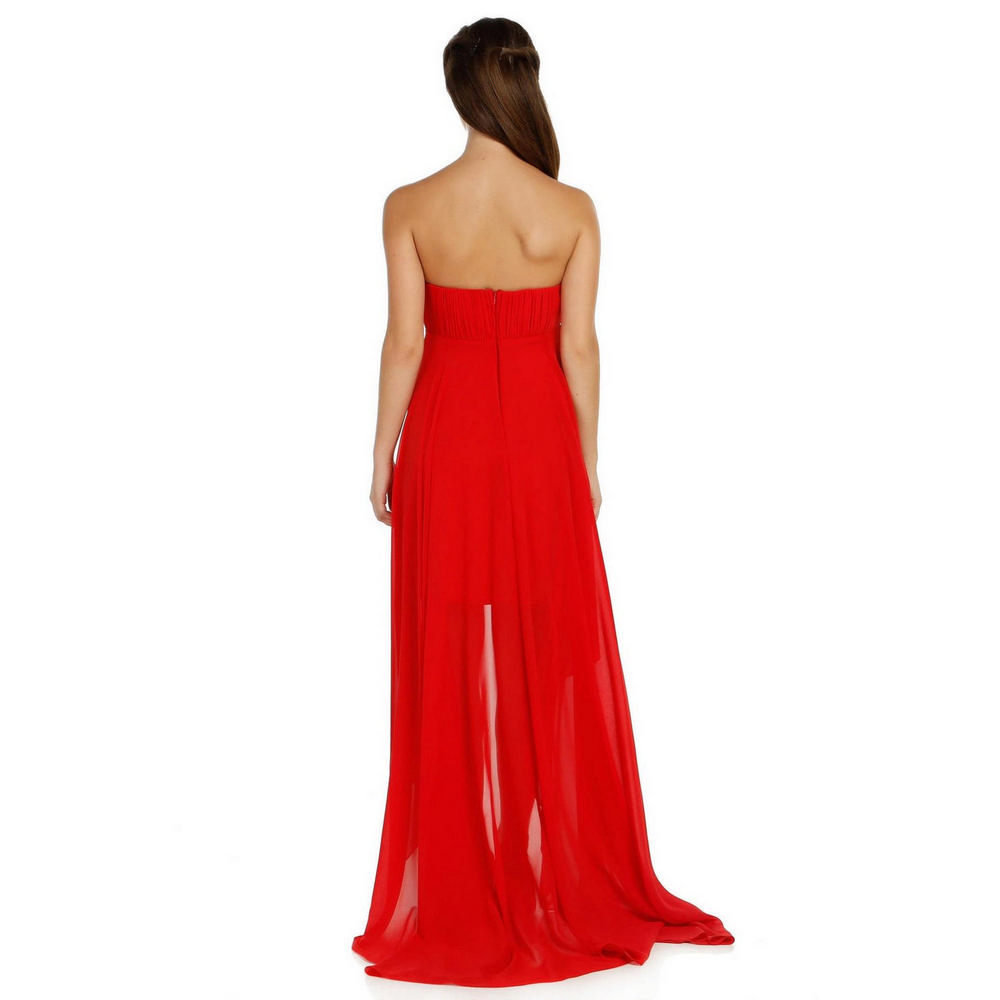 Fierte Women's Evening Dress Azr4489 Strapless Stone Detail Chiffon Skirt Salmon Yellow Green Blue Red