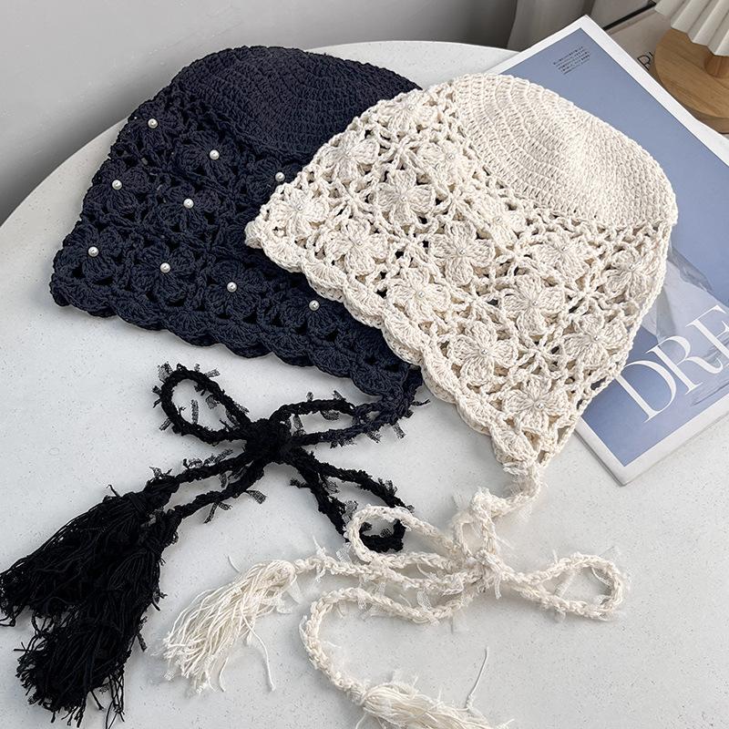 New handmade hollow knitted wool hat women's spring and autumn thin breathable face small ethnic style fringed pullover hat