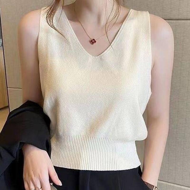French Solid Color V-Neck Sleeveless Simple Casual Knitted Vest For Women