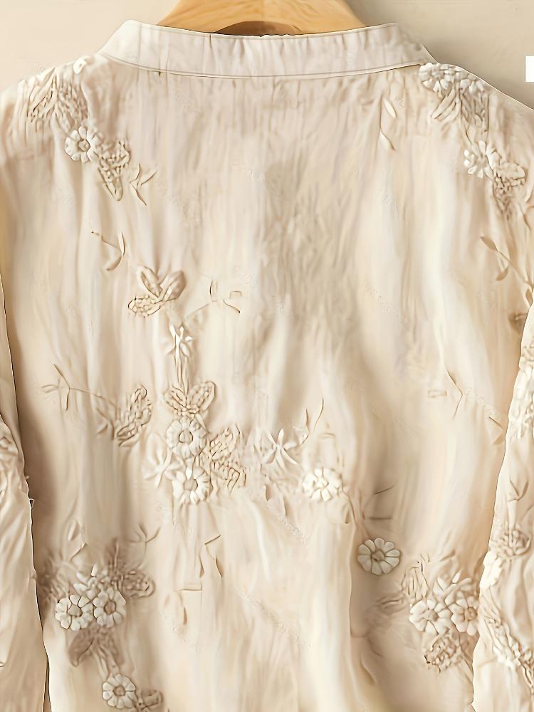 Button Front Floral Textured Blouse Vintage Three-quarter Sleeve Blouse for Spring & Fall Women's Clothing