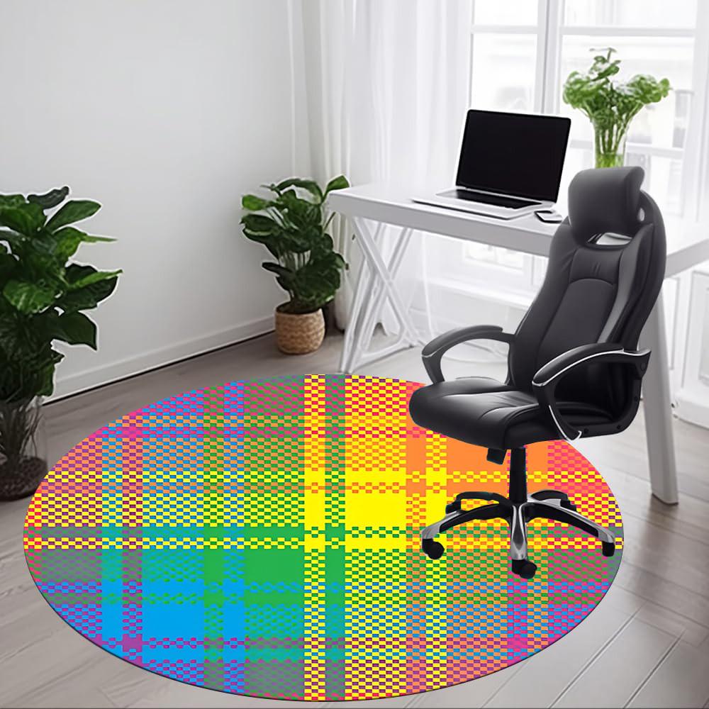 1pc Colorful Plaid Pattern Chair Carpet for Office, Round Polyester Mat, Indoor Decor for Office, Easycare Fabric, Washable Non-slip Area Carpet