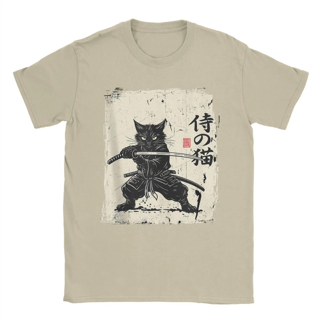 Vintage Anime Cat Japanese Art Funny Samurai Cat T Shirts Men's Cotton Vintage T-Shirt Round Neck Tees Short Sleeve Tops 5XL 6XL