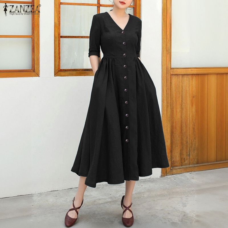 ZANZEA Women Casual V-Neck Summer 3/4 Sleeve Long Dress