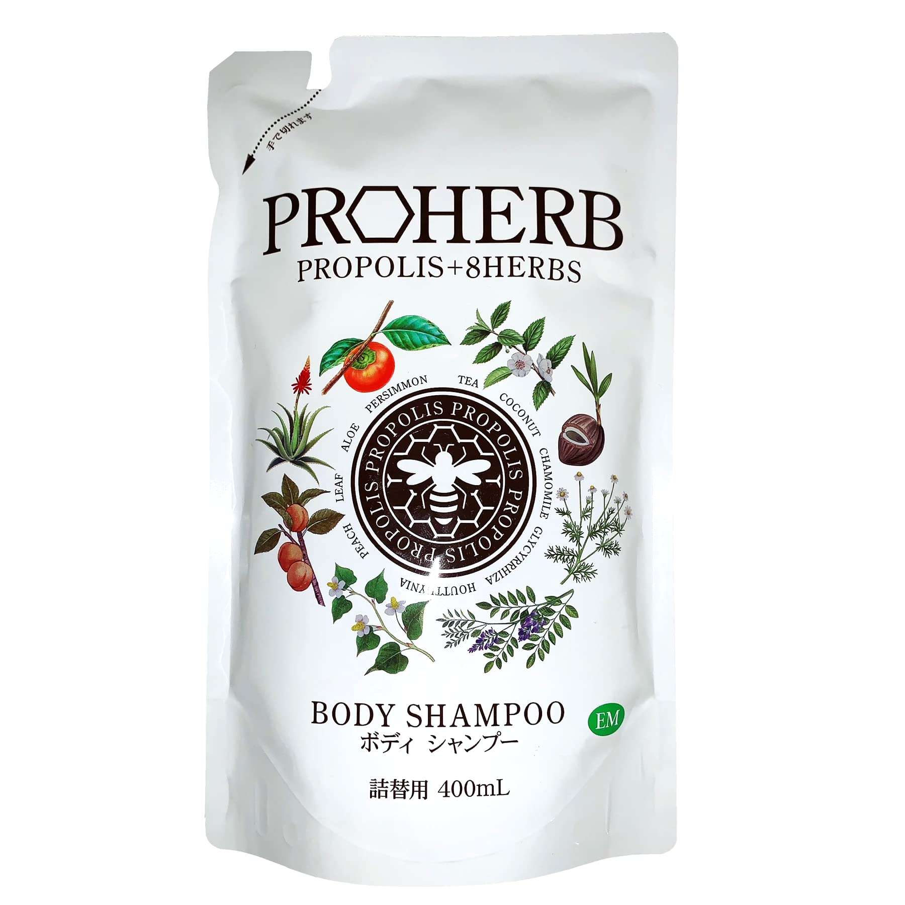 Proherb EM Body Shampoo - Natural Herbs, Propolis, Honey, Hyaluronic Acid - Fragrance-Free, Colorant-Free, Paraben-Free - Refill 400ml