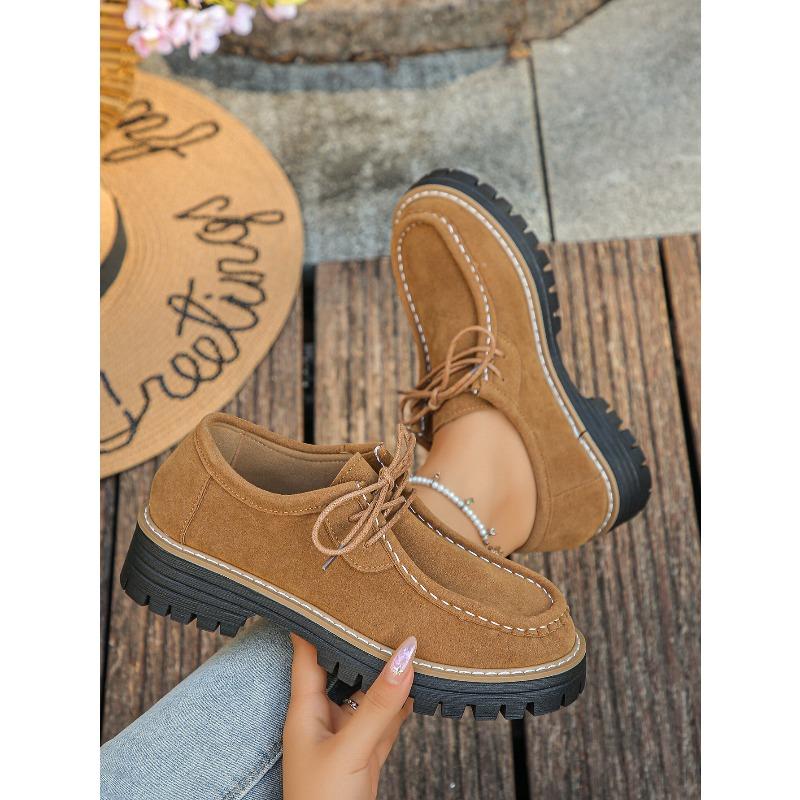 Lace-up Platform Loafers Women's New 2025 Autumn Vintage Muffin Plus-size Low-top Shoes