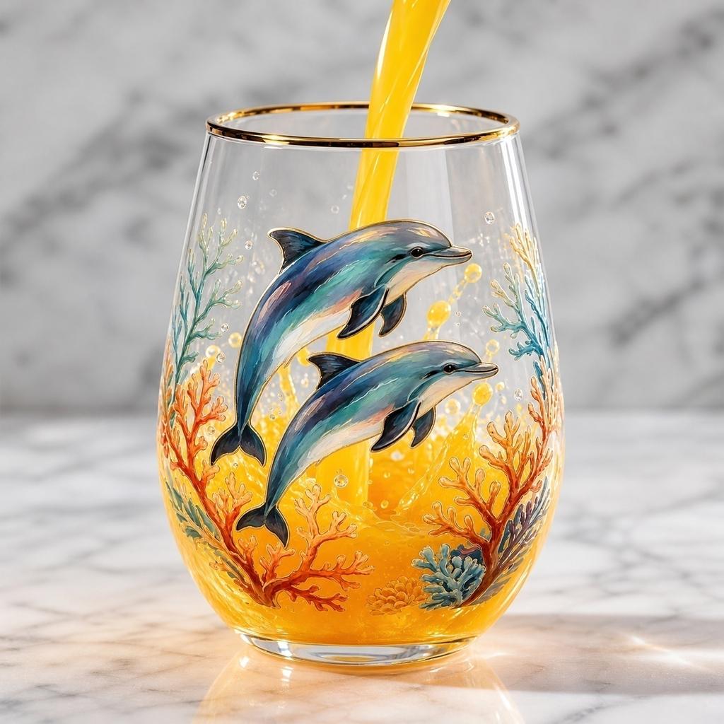 Decorative Glass Cup with Dolphin Print for Home Use Juice and Beverage Drinking Stemless Design Dishwasher Safe 16oz Capacity