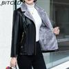 BITCED PU Leather Jacket Casual Plus Size Fleece-Lined Thickened Middle-Aged and Elderly Leather Jacket