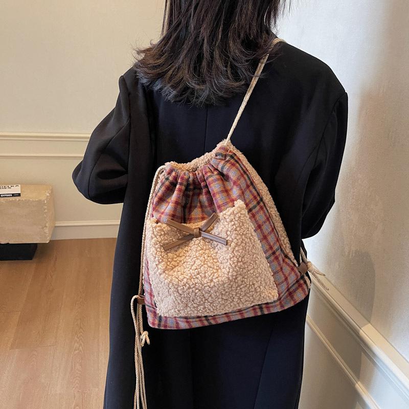 Plaid work double shoulder schoolbag women's lazy wind thickened large capacity backpack morning eight leisure college fitness bag bundle mouth