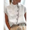 Chemise décontractée à manches courtes et col montant pour femme en coton et lin - Confortable, Nouvelle, En stock