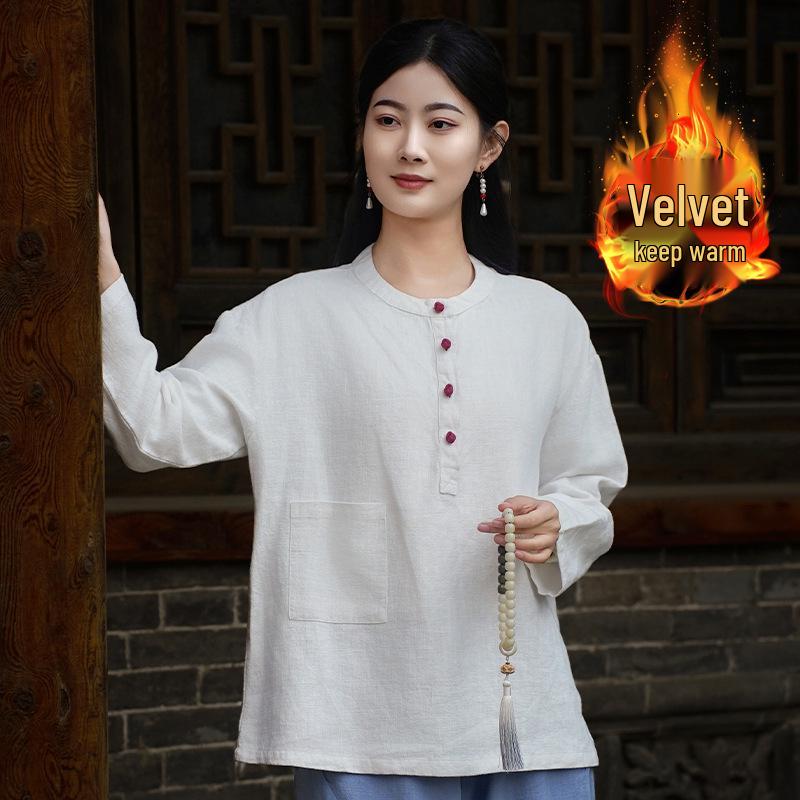 Women's Retro Chinese Style Patchwork Top: Cotton Linen with Fleece, Stand Collar, and Frog Button