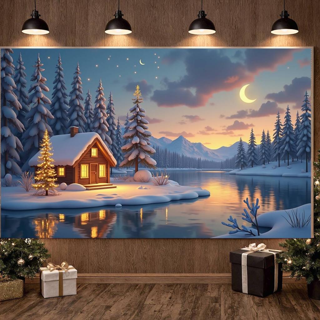 Christmas Party Banner Cloudy Sky Christmas Tree Banner Holiday Banner Moon Stars Pattern For Home Party New Year Decoration