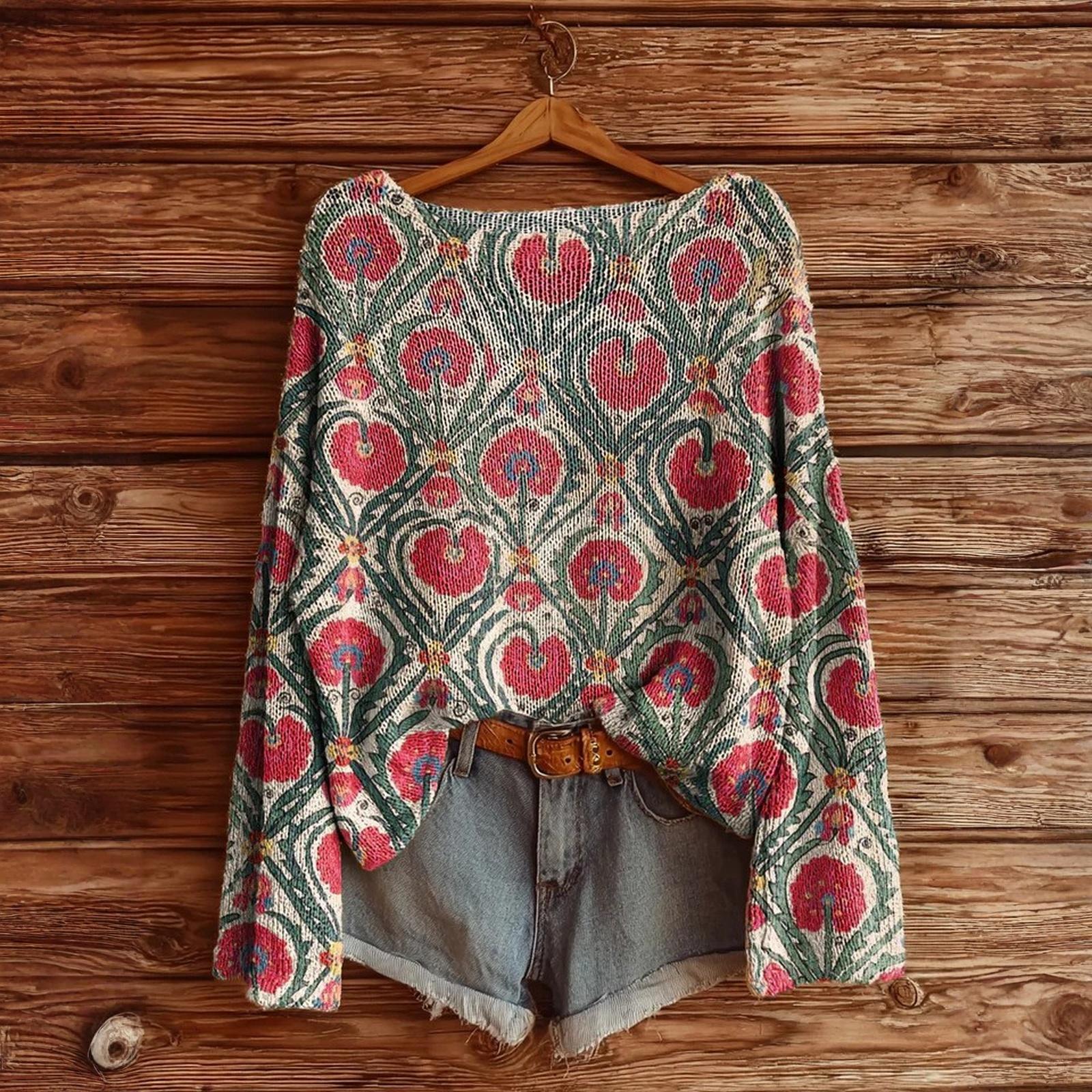 

Women s T-Shirt Vintage Floral Print Round Neck Loose Long Sleeve Mid-Length Thumb Leak Top M