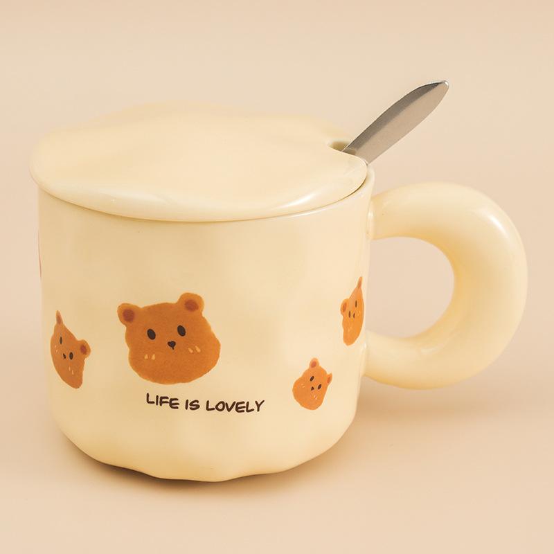 Korean Retro Bear Mug with Lid Spoon High Value Girl Couple Ceramic Cup Office Drinking Water Coffee Cup