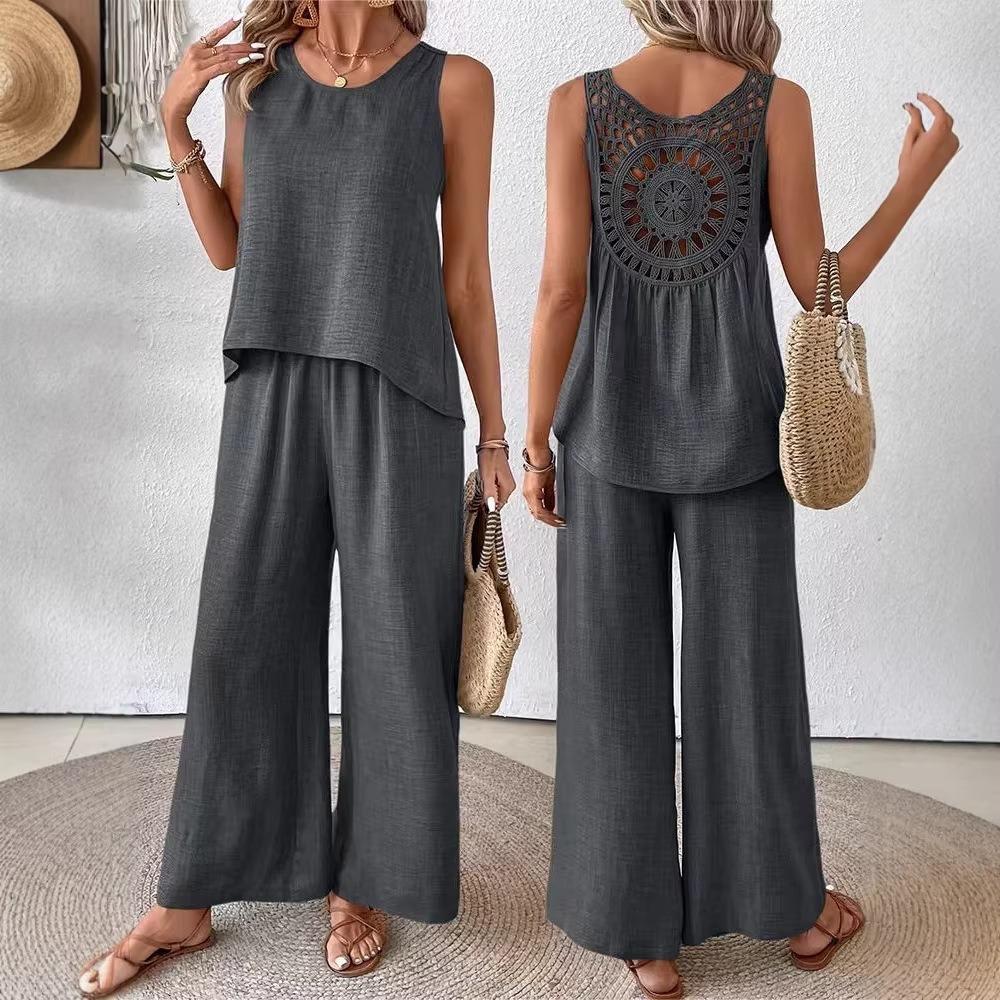 Set da donna casual alla moda, tinta unita, schiena con intaglio floreale, elegante, due pezzi