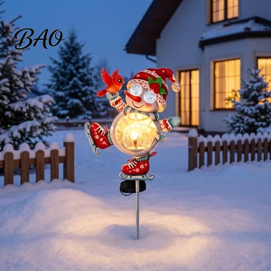 Automatic Solar Powered Lights Christmas Snowman Bird Garden Light, Waterproof Outdoor Stake Lamp with Crackle Glass Decorative Patio Illuminations