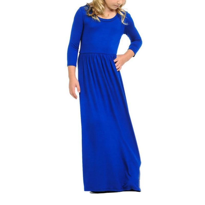 Girls Solid Color Round Neck Long Sleeved Dresses Large Hem Child Long Section Long Dress