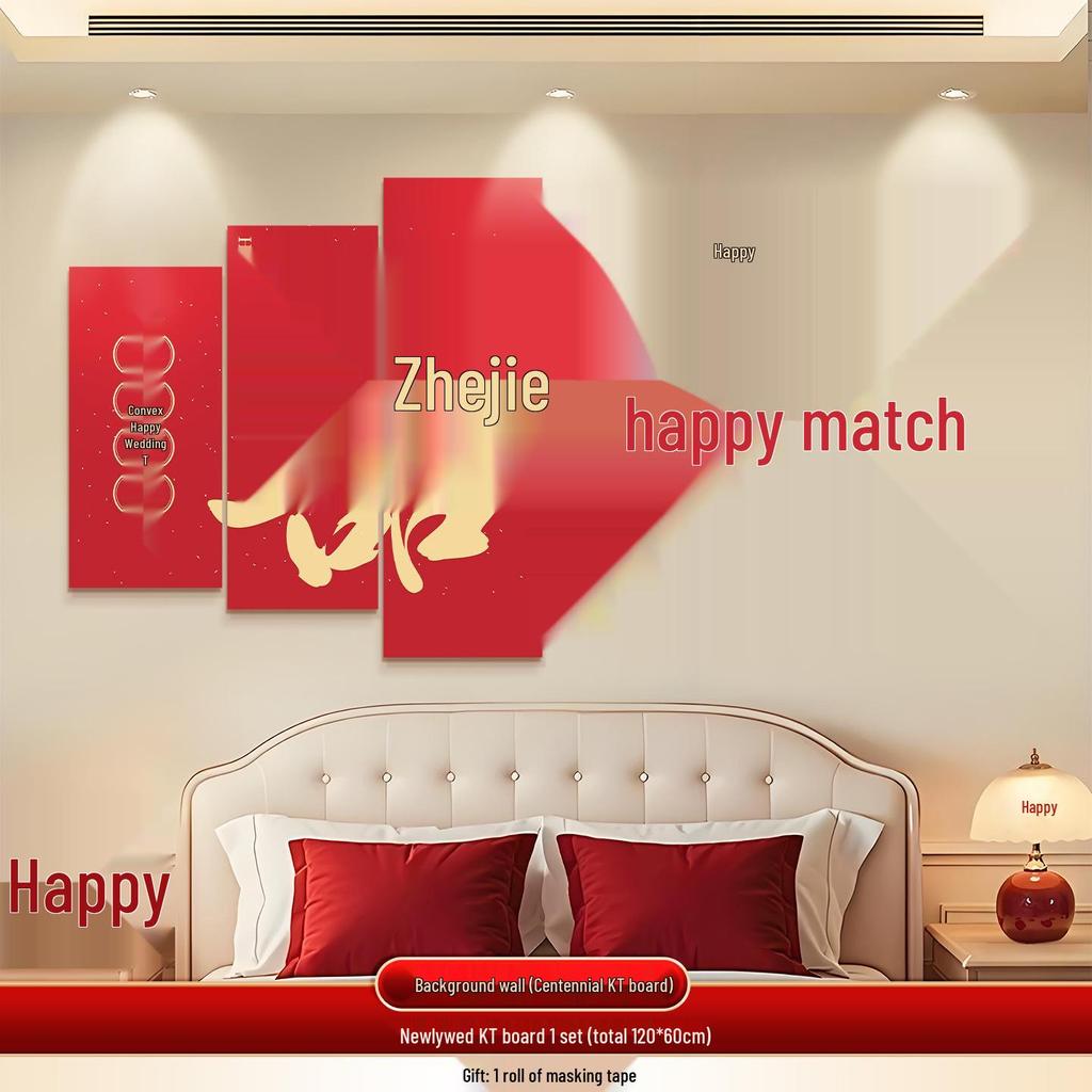 Wedding Room Décor Set: Bride & Groom Bedside Background with Pull Flowers & Double Happiness KT Board