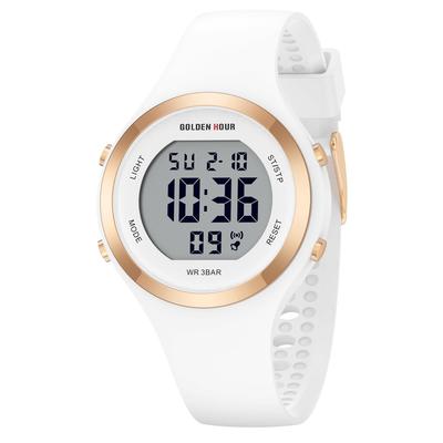 GOLDEN HOUR Waterproof Sports Ladies Digital Chronograph Silicone Strap Watch Rose Gold Starlight Milk White. Modern