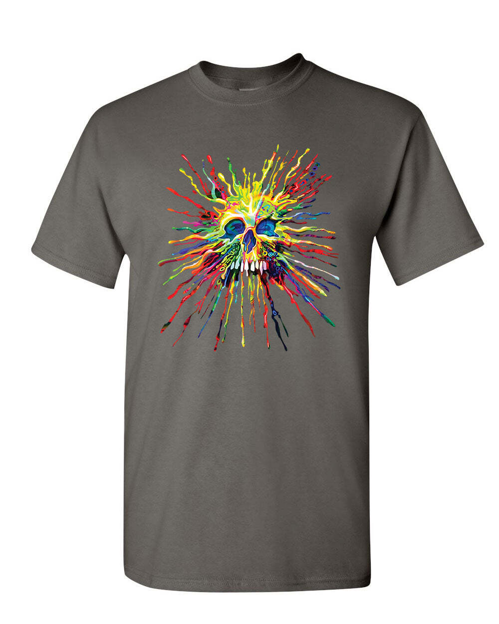 Paint Splatter Skull T-Shirt Multicolor Art Crazy Melting Drip Mens Tee Shirt S