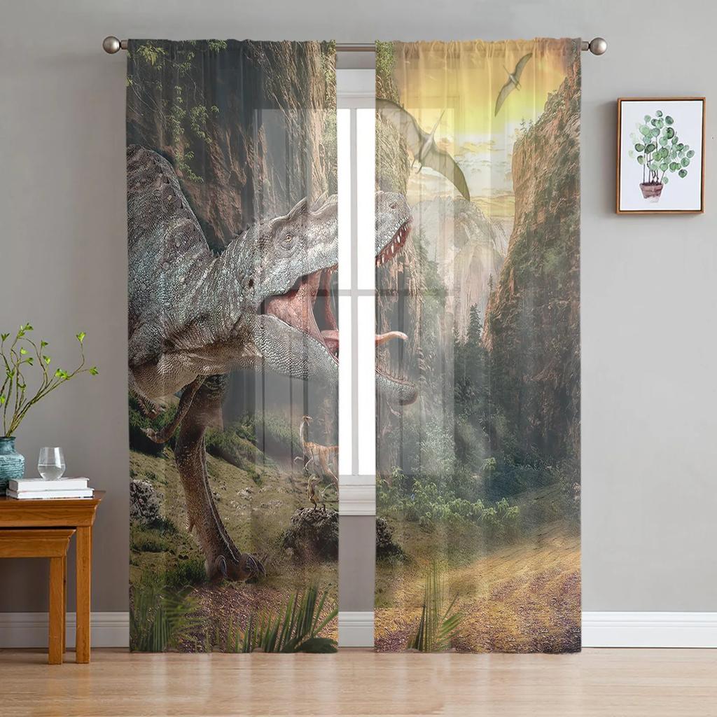 Dinosaur Jungle Curtain Window Tulle Living Room Bedroom Kitchen Chiffon Treatment Decorations Sheer For Sitting Made Of Polyester