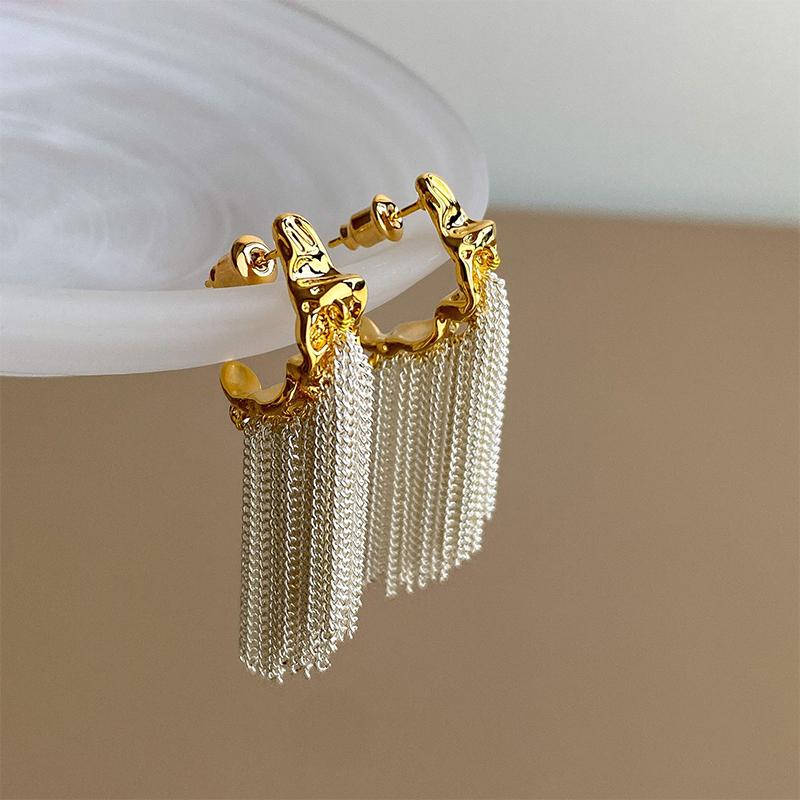 Fold Metal Chain Tassel Dangle Earrings For Women C Shape Luxury Elegent Earrings Vintage Jewelry Gifts