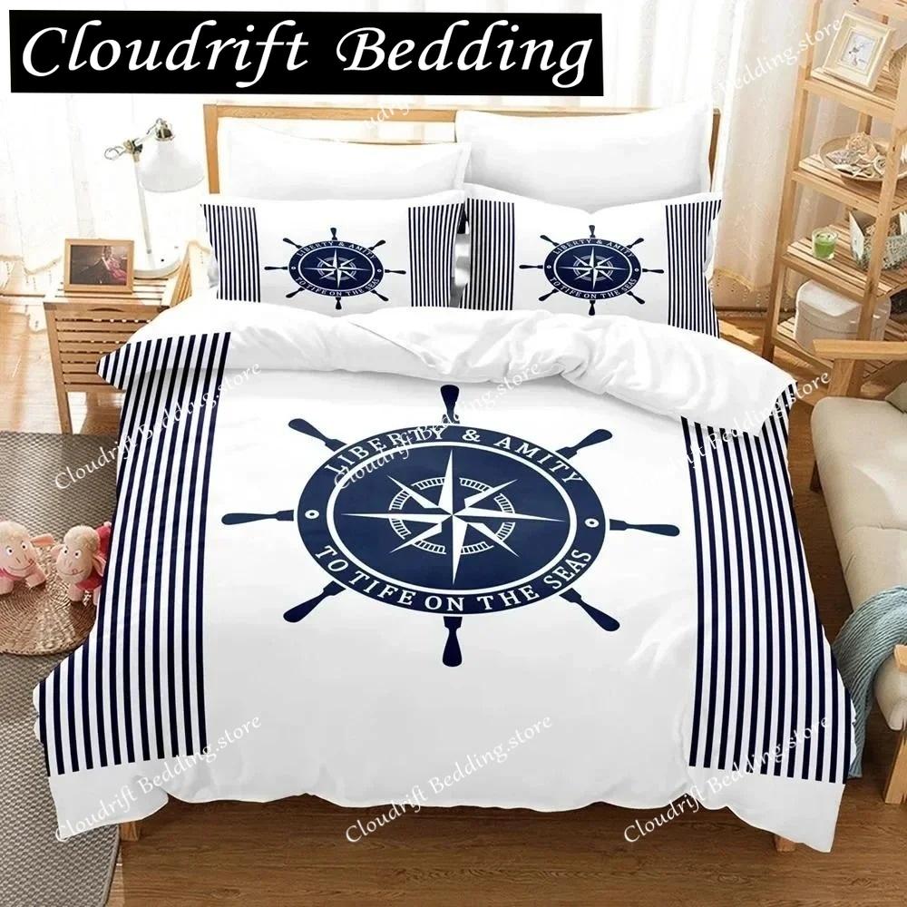 Anchor Duvet Cover Set,Nautical Classic Colors And Anchors Simplistic Design Sailor Ship Polyester Fashion Bedding Set