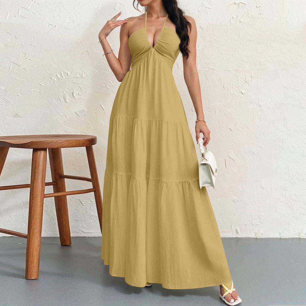 Women's Summer Casual Fashion Solid Color Dresses V-Neck Sleeveless Dresses