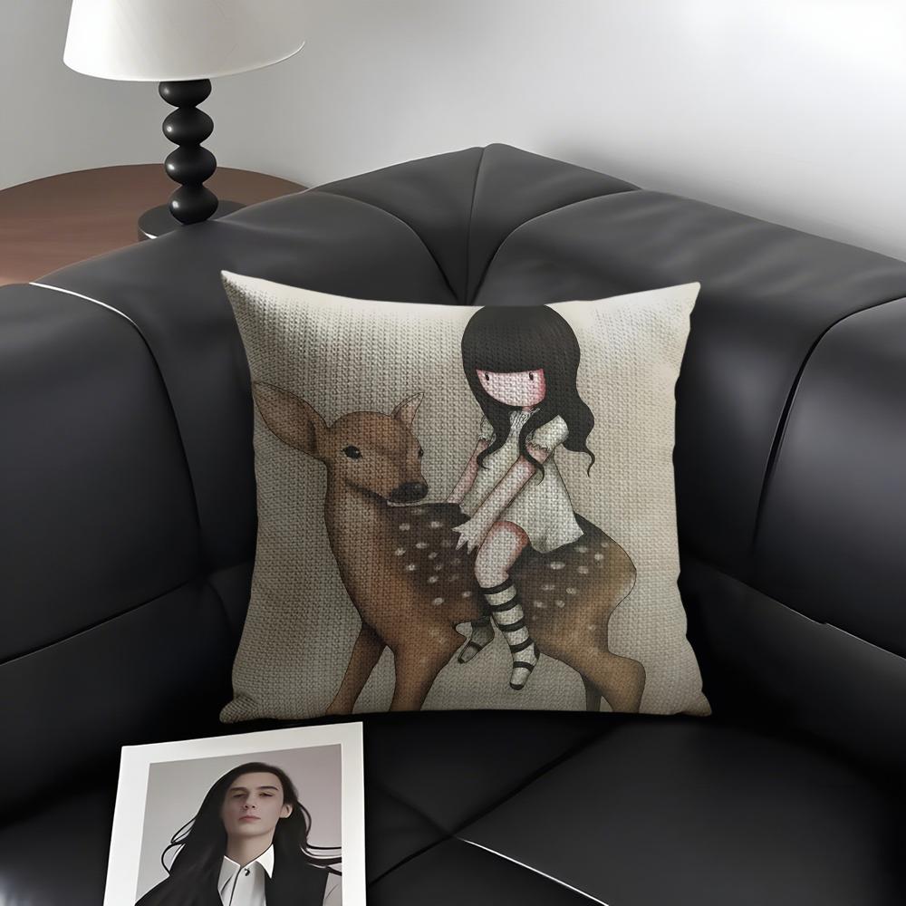 S-Santoro G-Gorjuss Cartoon Cushion Cover Natural Linen Organic Fabric Double-Sided Printing Sofa Home Decor Gift Pillow Case