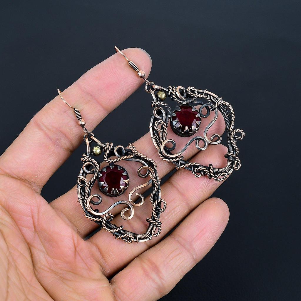 Red Garnet Jewelry, 999 Copper Wire Wrapped Earrings, Handmade Gemstone Jewelry Earrings For Memorial Day