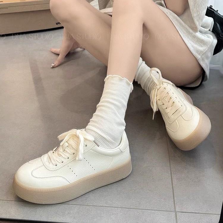 

Мягкий фуфу не устают ноги 2025 воловья кожа лапша + подкладка из свиной кожи желе подошва немецкие тренировочные туфли повседневные универсальные толстая подошва белые туфли 39 бежевый