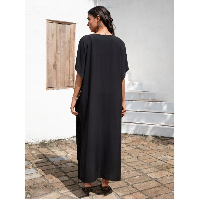 Damenmode Sommer Frühling Farbblockdruck 1/2 Ärmel V-Ausschnitt Lose Taille Freizeitkleider