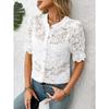 Womens Lace Crochet Short Sleeve Blouse With Round Neck Button Down Casual Hollow Out Top