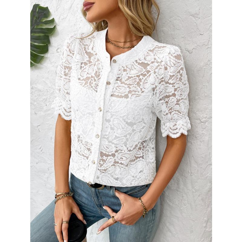Womens Lace Crochet Short Sleeve Blouse With Round Neck Button Down Casual Hollow Out Top