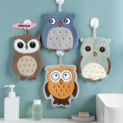 M-Cute Owl Coral Fleece Wall-Mounted Hand Towel, Super Absorbent & Quick-Dry Hanging Kitchen Bath Towel With Hanging Loop