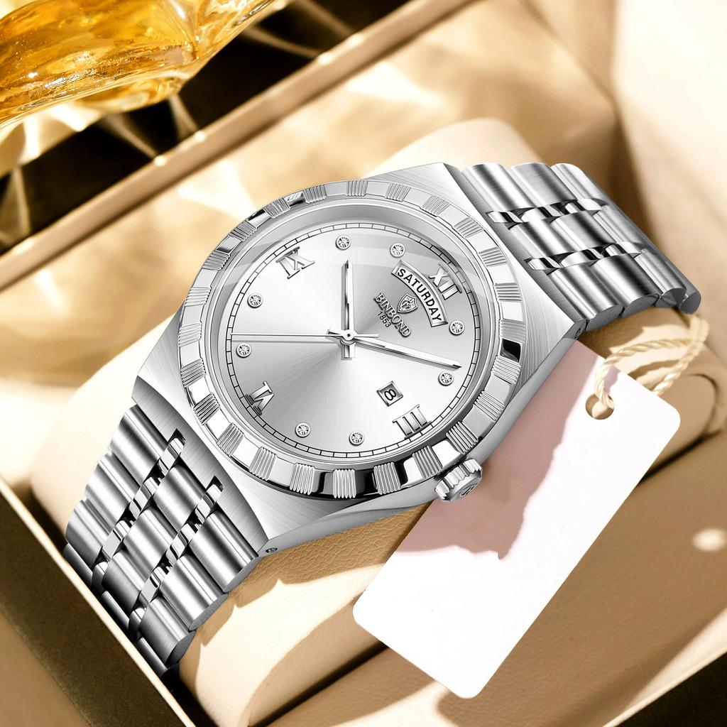 BINBOND Men's Watches Simple Fashion Original Quartz Watch for Man Texture Dial Stainless Steel Date Week Trend Dress Wristwatch