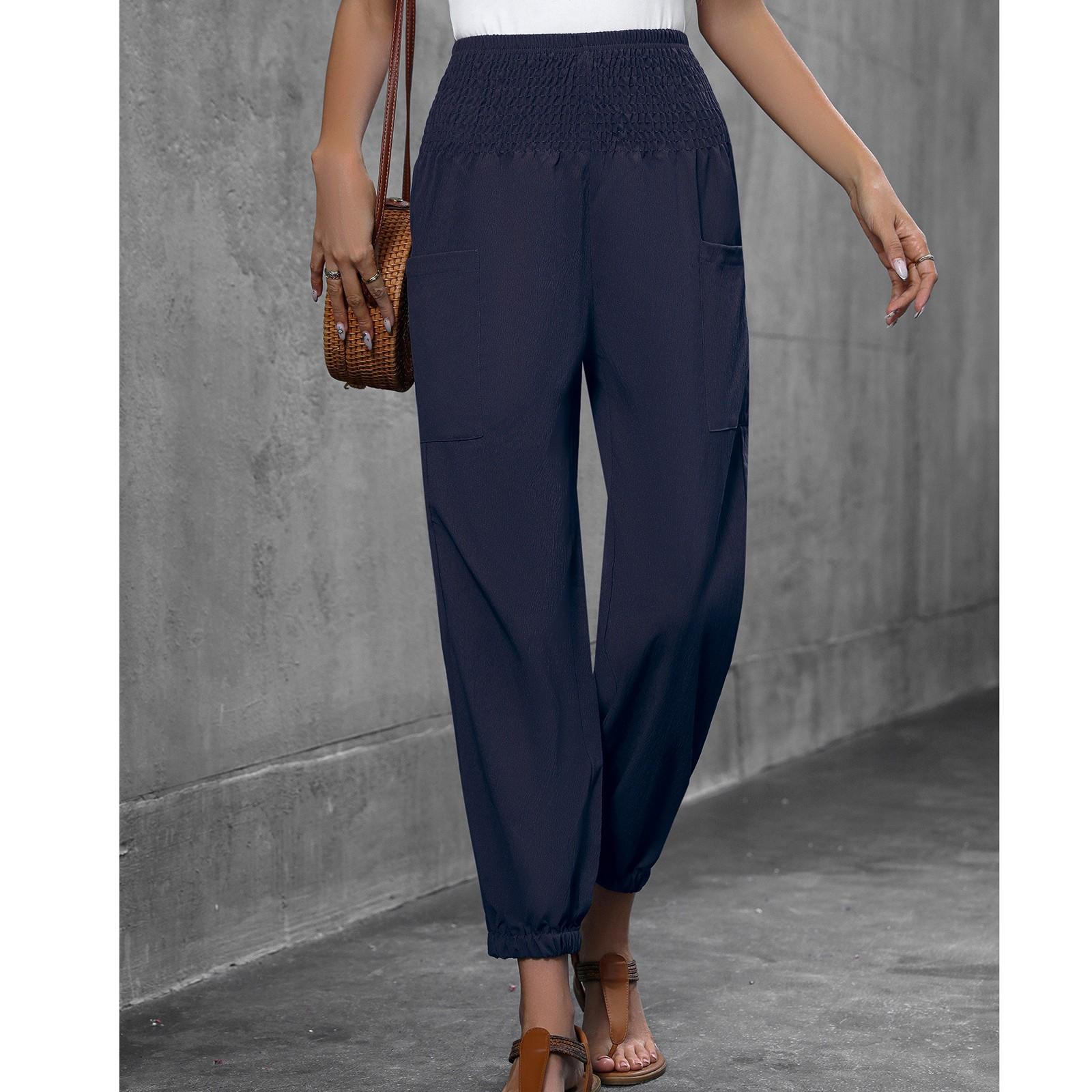

Women s Casual Loose Solid Color Pocket High Waisted Pants, Casual Pants, Leg Binding Pants S Темно-синій