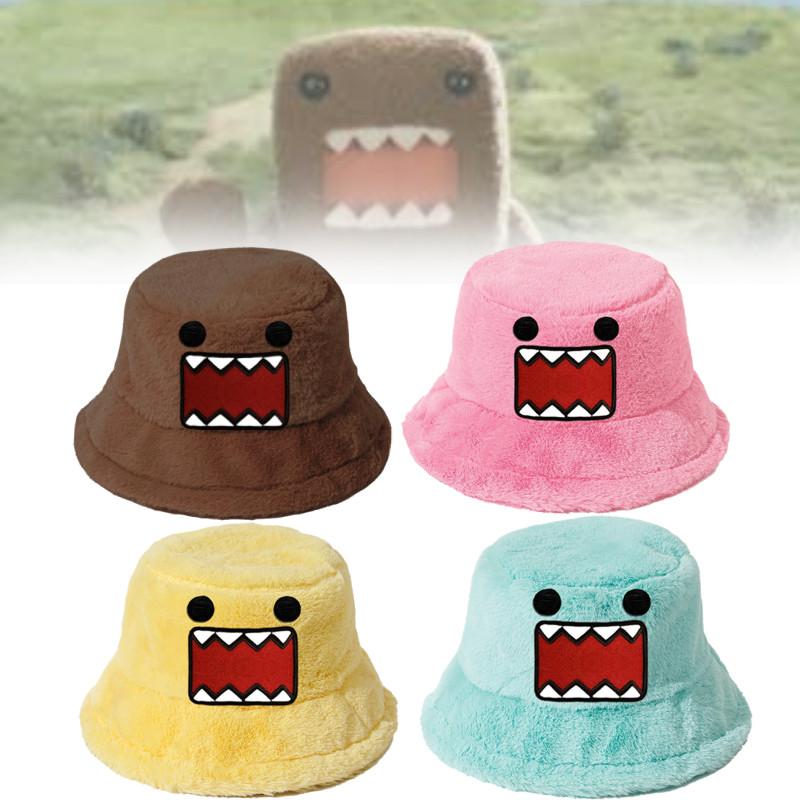 Kun Plush Domo Bucket Hat Cartoon Anime Warm Fluffy Flat Roof Cap For Men Women