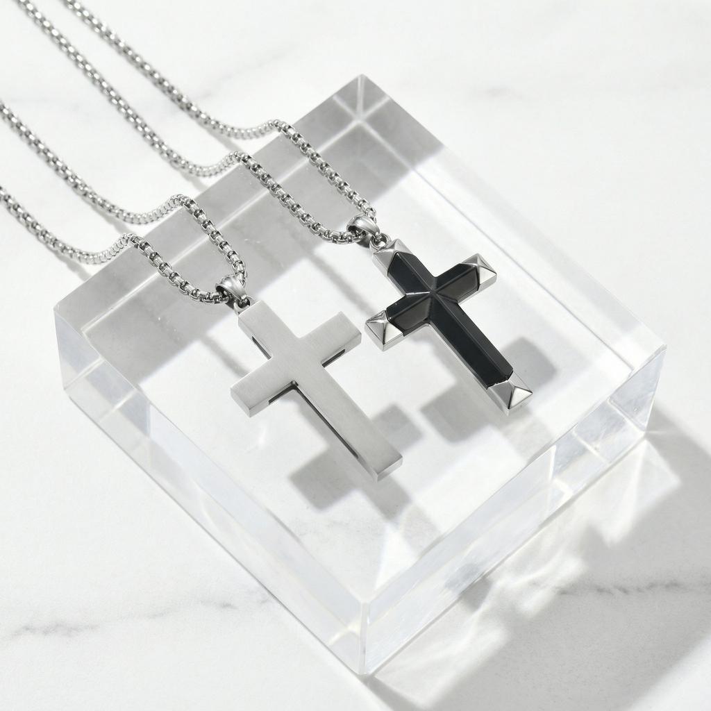 Vnox Natural Black Onyx Cross Necklace for Men, Stainless Steel Pendant Box Chain, Religious Jewelry Gift for Husband Father Son