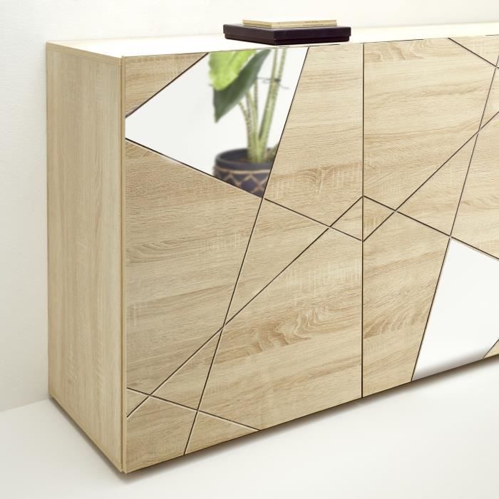 Buffet VICTORY - Décor Chêne Sonoma - 3 Portes - Miroir - L 181 x P 42 x H 84 cm