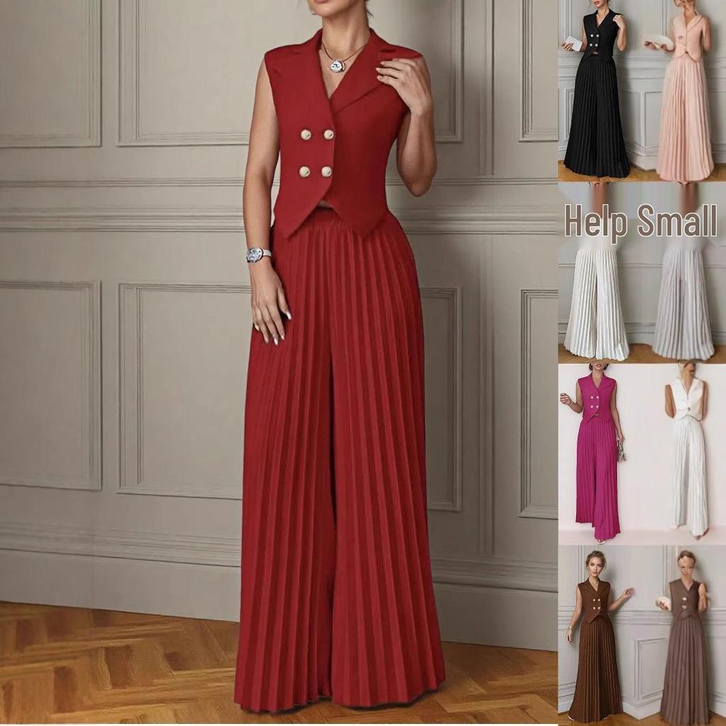Dámský evropský a americký módní dvoudílný set 2025: Vesta & Plisovaná sukně kalhotový oblek